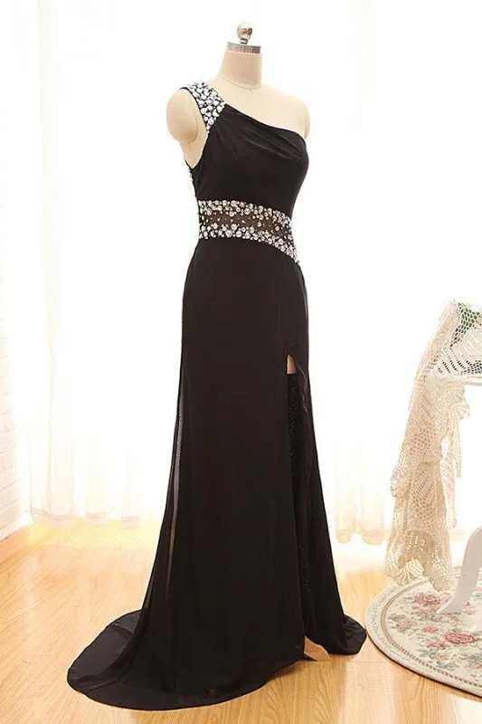 A-line evening dress-R10 One Shoulder Sheer Back Beading Black Split Prom Dress