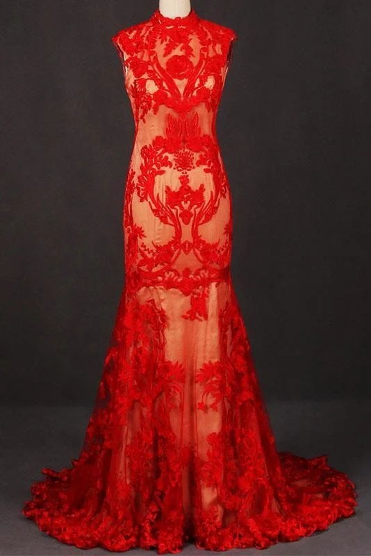 ball gown evening dress-Red High Neck Sleeveless Evening Dress Lace Tulle Prom Dresses