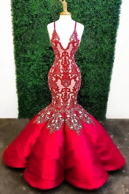 chiffon evening dress-Red Mermaid Deep V Neck Lace Appliques Mermaid Prom Dresses