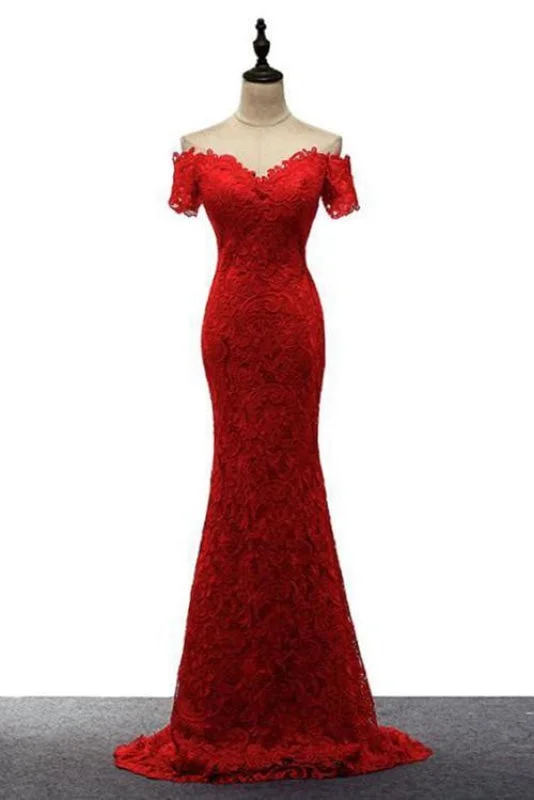 cocktail length evening dress-Red Off the Shoulder Mermaid Lace Prom Sweep Train Long Evening Dresses