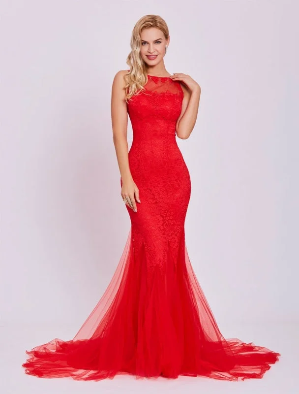 glitter evening dress-Red Prom Dresses 2021 Long Backless Sexy Evening Dress Lace Mermaid Tulle Formal Gown With Train Wedding Guest Dress