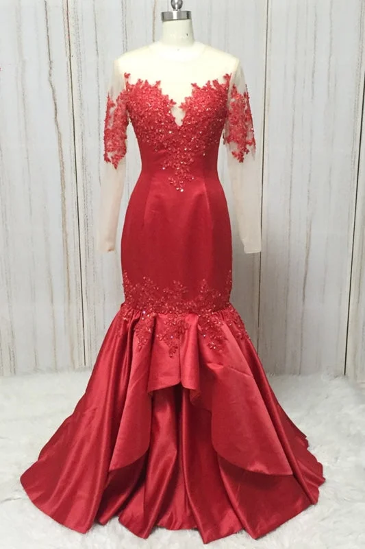 draped evening dress-Red Satin Round Neck Long Mermaid Lace Prom Dress With Long Sleeve