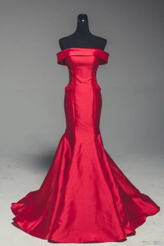 elegant black evening gown-Red Satin Strapless Lone Mermaid Prom Dress With Sleeve