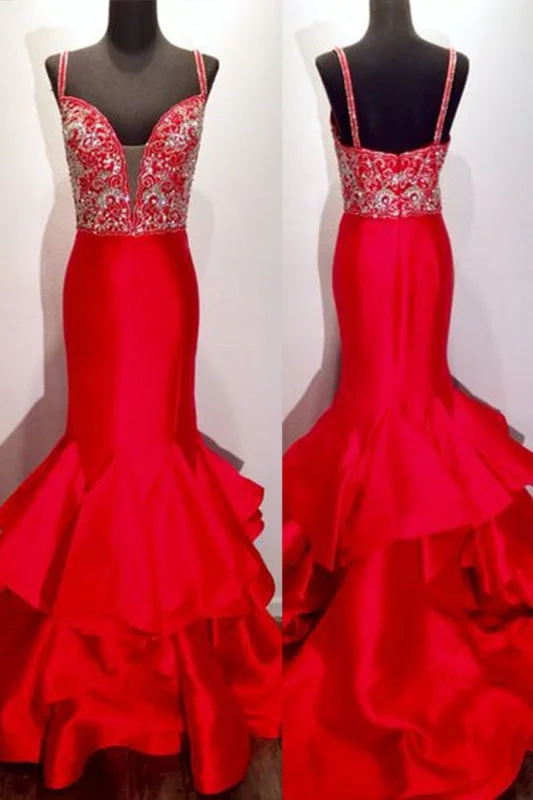 elegant evening attire-Red Satins V Neck Sequins Beaded Mermaid Long Prom Dress