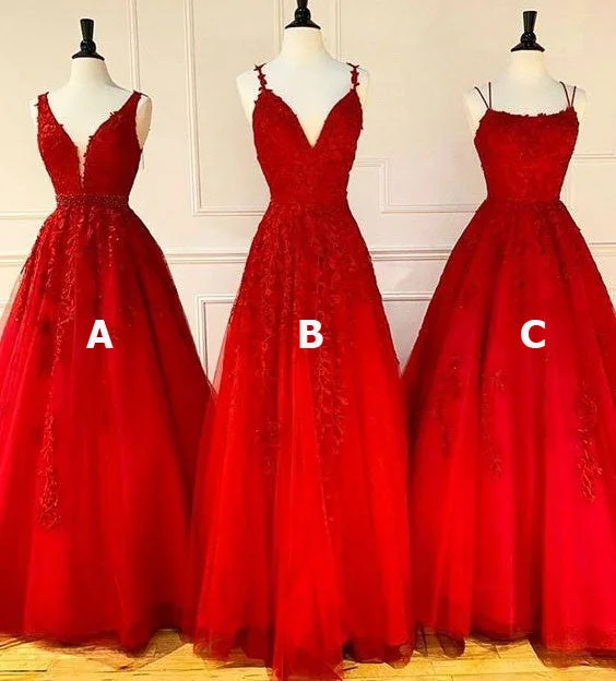 evening dress with cape-Red Tulle Prom Dresses with Appliques