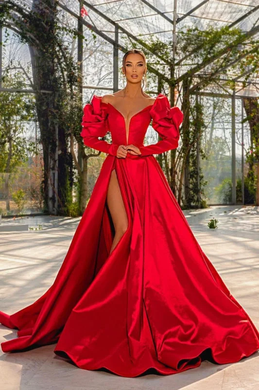 evening dress with beading-Red V Neck Bubble Sleeves Sexy Prom Dress With Slit