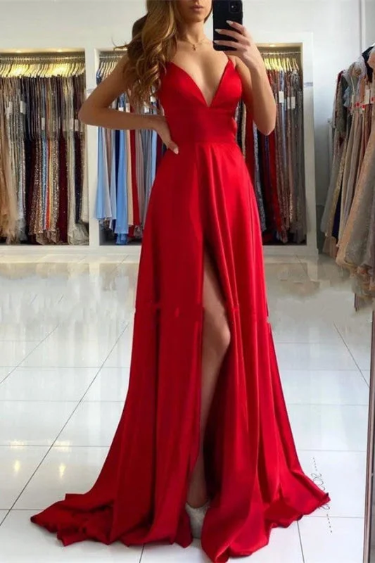 sparkling evening dress-Red V-Neck Prom Dress With Split: