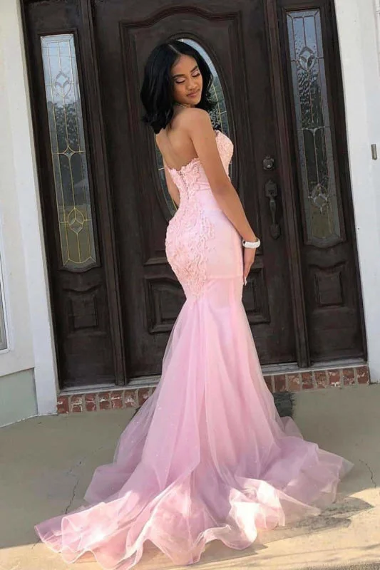 elegant lace evening dress-Romantic Pink Sweetheart Sleeveless Lace Mermaid Prom Dresses with Train