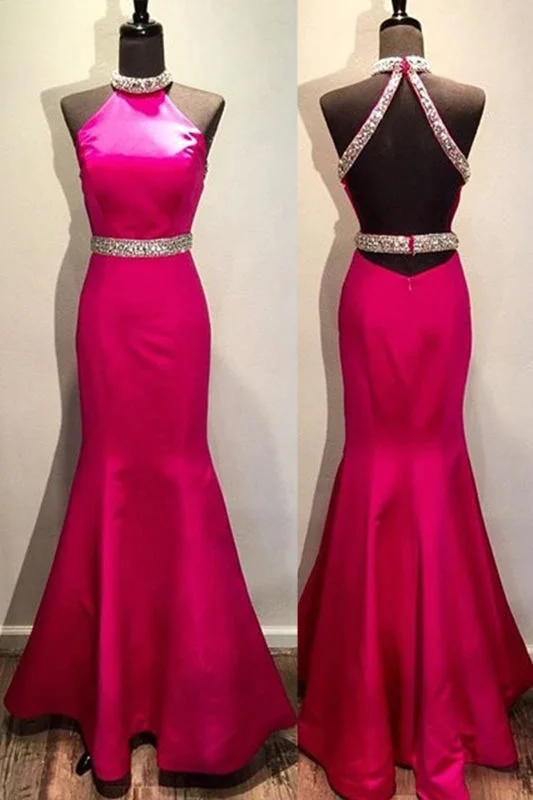 elegant long evening dress-Rosy Chiffon Halter Sequins A-Line Simple Mermaid Long Prom Dress