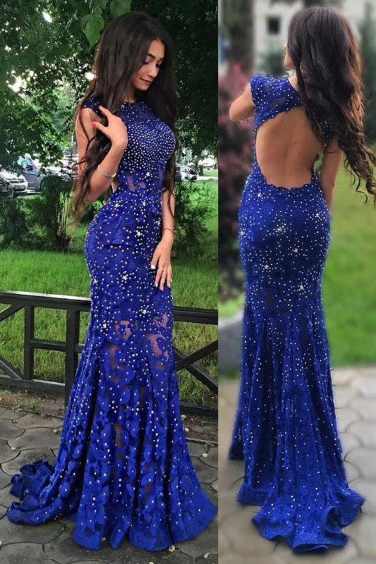 empire waist evening dress-Royal Blue Jewel Sweep Train Lace Backless Mermaid Prom Dress with Beading