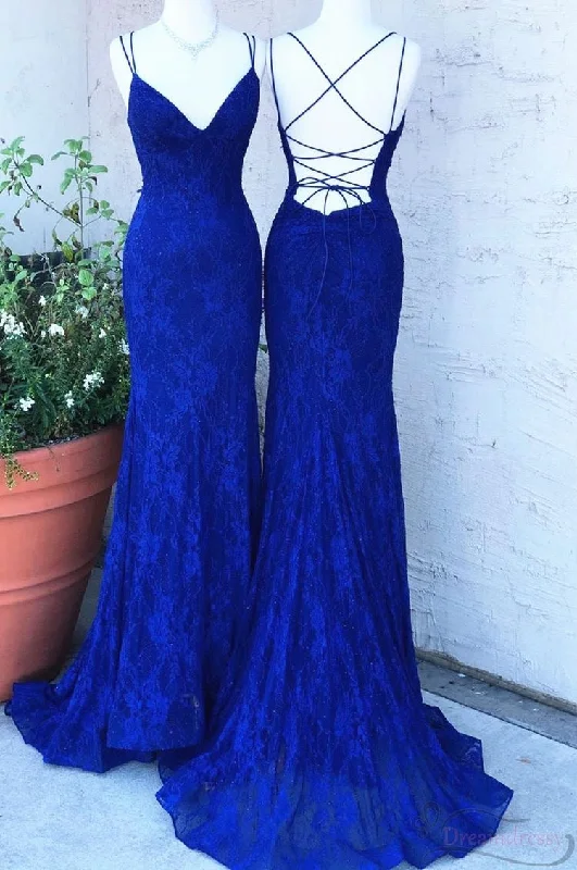 vintage evening dress-Royal Blue Lace Sheath Prom Dresses Spaghetti Straps