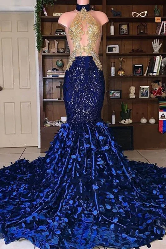 evening dress for parties-Royal Blue Mermaid African Sexy Beaded See Through Prom Dress