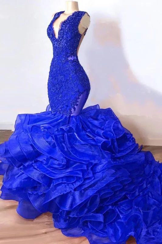 evening dress for prom-Royal Blue Mermaid Long Ruffles Prom Dresses