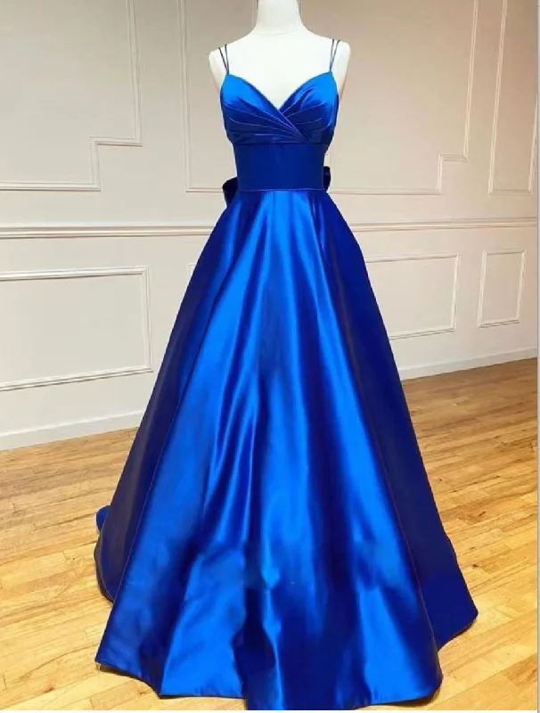 sleeveless evening dress-Royal Blue Prom Dresses Spaghetti Straps