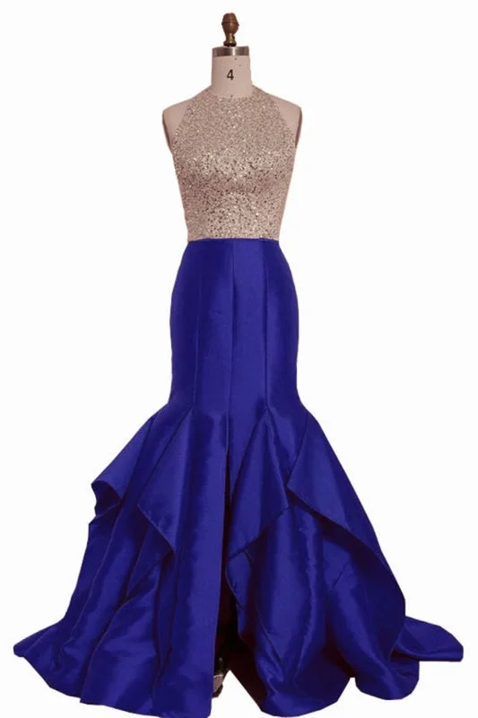 evening dress with beading-Royal Blue Satin Strapless Long Mermaid Sequins O Neck Backless Prom Dress