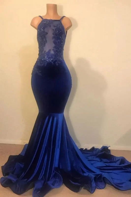 evening dress with belt-Royal Blue Velvet Long Mermaid Open Back Applique Beading Prom Dresses