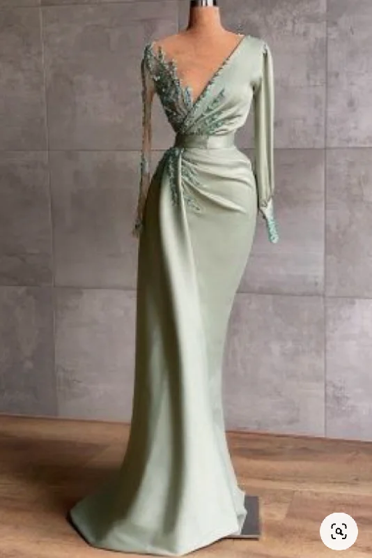 modern evening dress-Sage V Neck  Prom Dresses with Sleeves