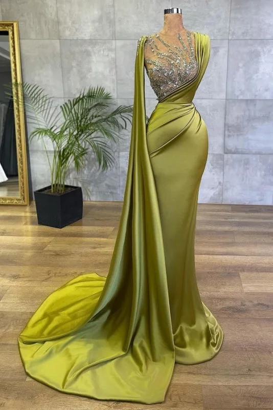 glittering evening gown-Satin Sage Mermaid Evening Gown with Side Cape