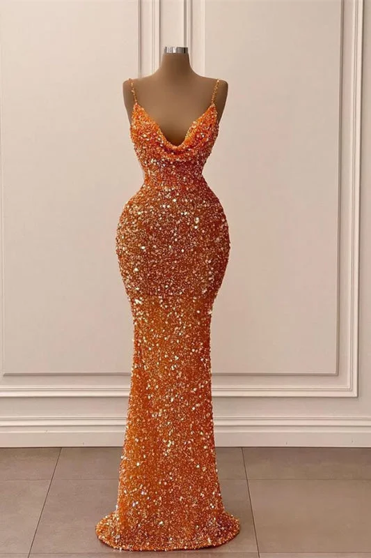 satin evening gown-Sequined Orange V-Neck Spaghetti-Strap Long Mermaid Prom Dress