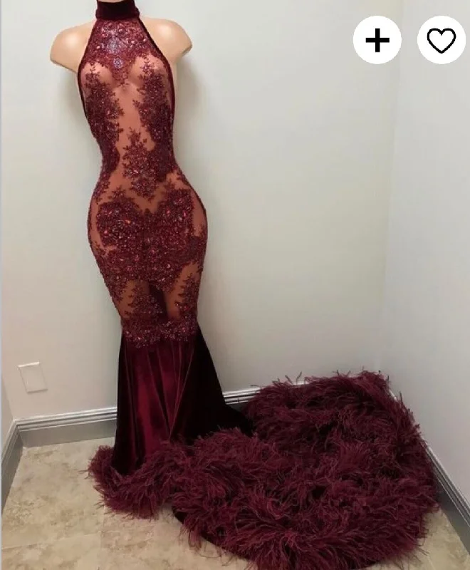 elegant tulle evening dress-Sexy Burgundy Mermaid Long Prom Dresses Evening Dress with Feather