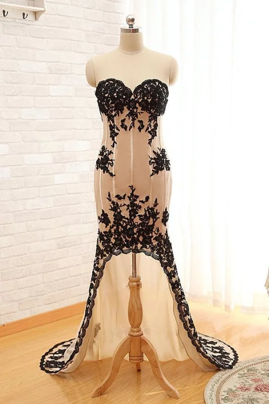 sleeveless evening dress-Sexy High Low Black Lace Champagne Prom Dress