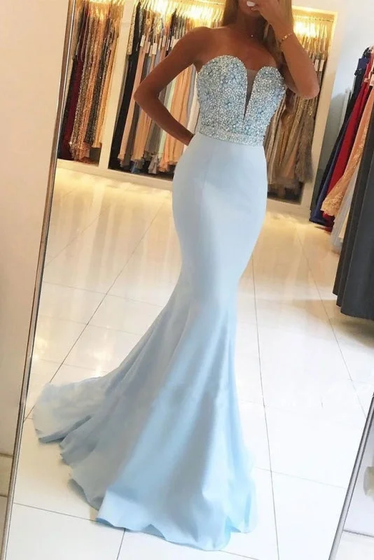 evening dress with lace sleeves-Sexy Light Blue Beading Strapless Long Prom Dresses Sparkle Mermaid Party Gown