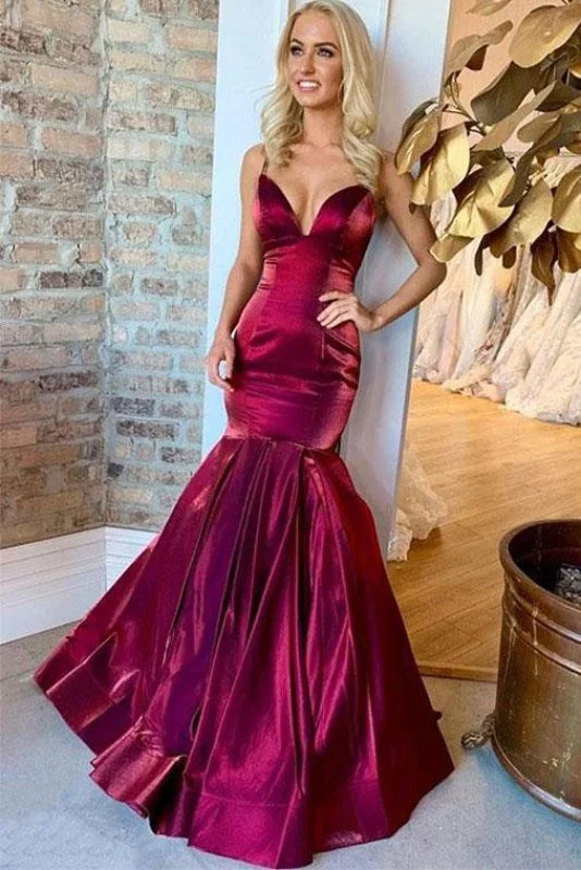 evening dress with train-Sexy Mermaid Satin Prom Spaghetti Straps Sleeveless Floor Length Formal Dress