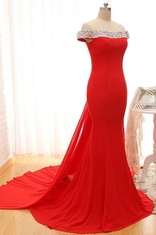 floor-length evening dress-Sexy Off The Shoulder Red Prom Dress,Mermaid Red Evening Dress