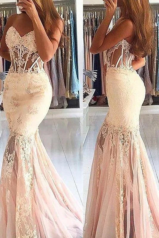 glittering evening gown-Sexy Sheer Mermaid Sleeveless Sweetheart Tulle Lace Long Prom Dresses