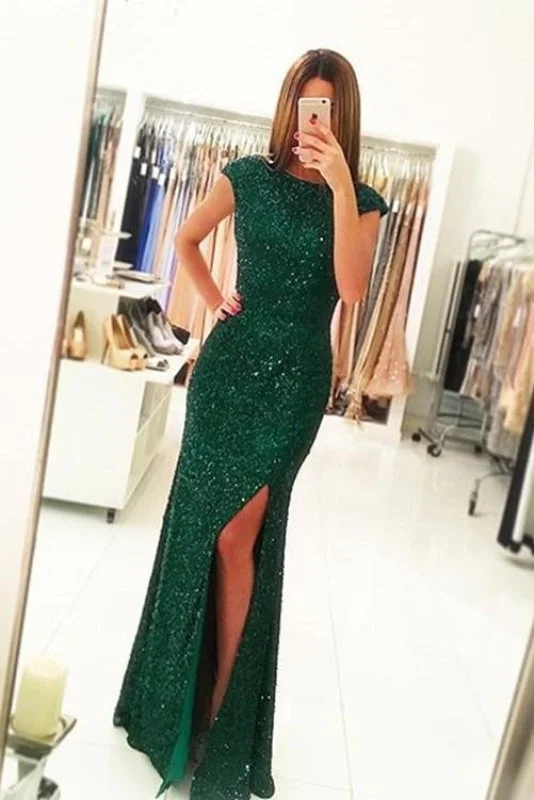 halter neck evening dress-Sexy Side Slit Cap Sleeves Emerald Green Sequins Open Back Mermaid Evening Gowns