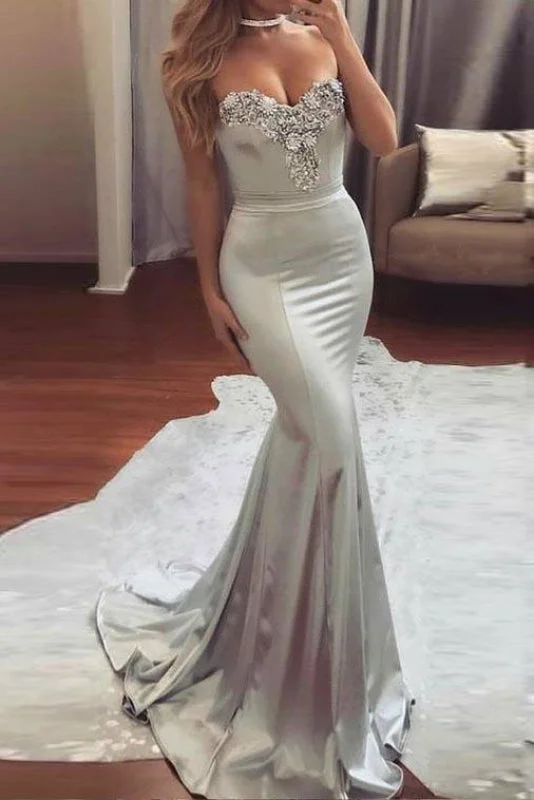 high-low evening dress-Sexy Silver Strapless Sweetheart Mermaid Beading Evening Long Prom Dress