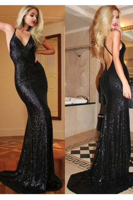 modest evening dress-Sexy Spaghetti V-neck Long Mermaid Dresses Black Backless Sequin Prom Dress