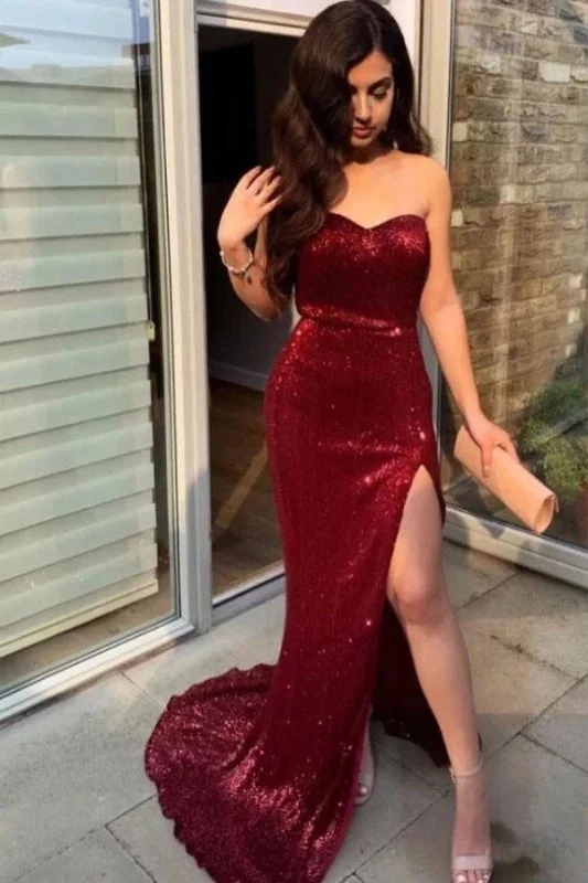 off shoulder evening dress-Sexy Strapless Split Mermaid Prom Dresses Charming Sweetheart Shiny Evening Dress