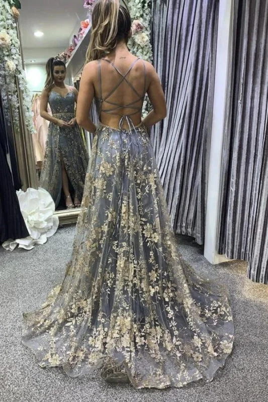 beaded evening dress-Sexy Sweetheart Aline Prom Dress Spaghetti Straps Floral Lace Evening Dress with Side Slit