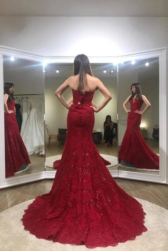 red evening dress-Sexy Trumpet Red Strapless Sweep Train Lace Prom Dress Long Formal Gown