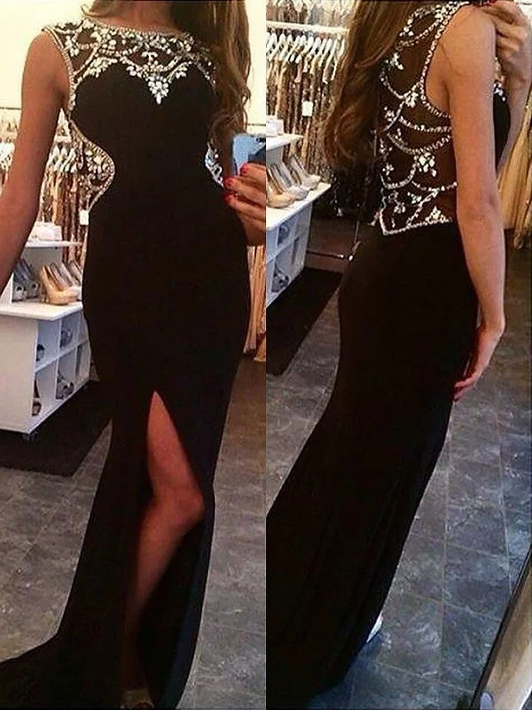 stylish evening dress-Sheath/Column Bateau Sleeveless Sweep/Brush Train Beading Spandex Dresses