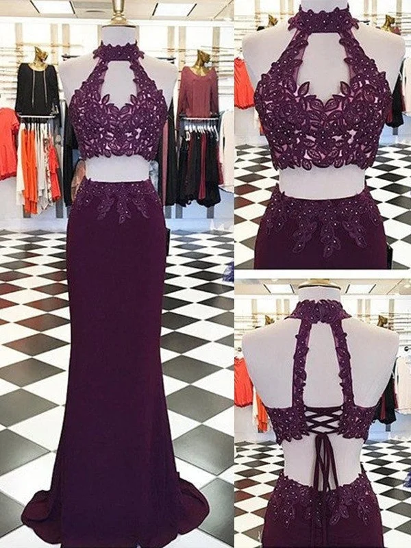 vintage evening dress-Sheath/Column Halter Applique Floor-Length Sleeveless Spandex Two Piece Dresses