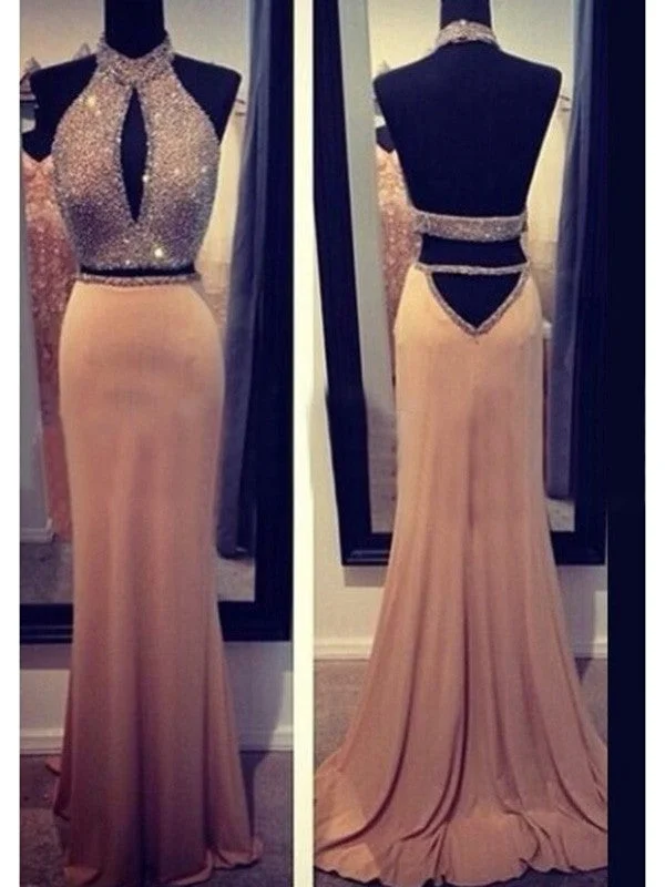 sheath evening dress-Sheath/Column Halter Sleeveless Beading Chiffon Sweep/Brush Train Dresses