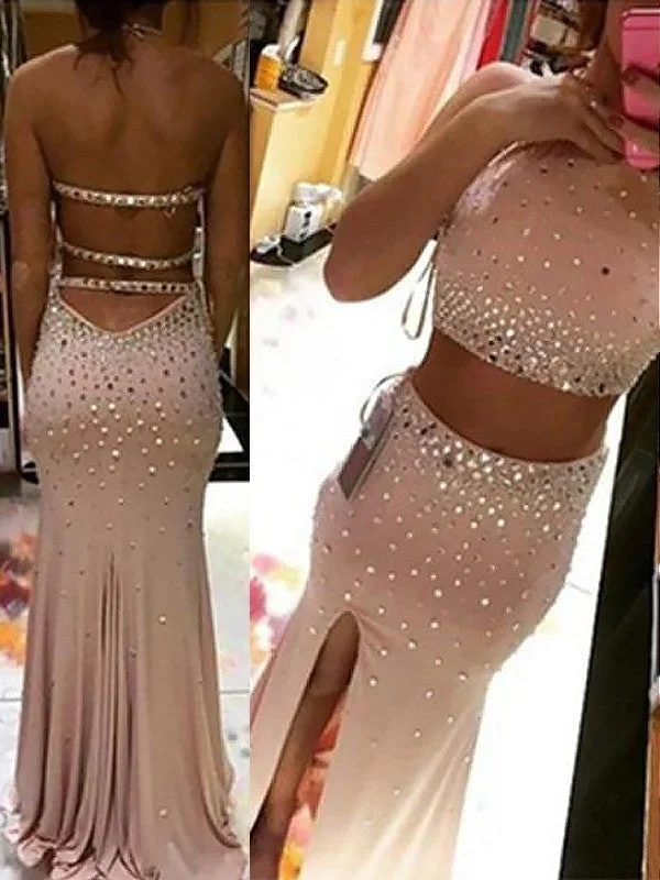 long evening dress-Sheath/Column Halter Sleeveless Beading Sweep/Brush Train Spandex Two Piece Dresses