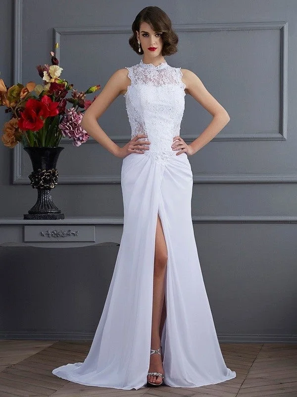 evening dress with scalloped hem-Sheath/Column High Neck Sleeveless Long Chiffon Dresses