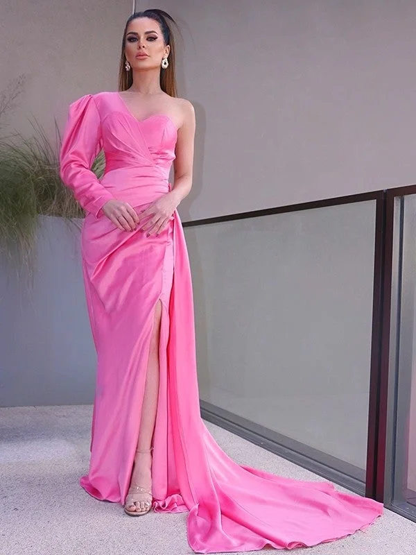 maxi evening dress-Sheath/Column One-Shoulder Long Sleeves Ruched Charmeuse Sweep/Brush Train Dresses