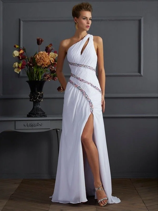 lace evening dress-Sheath/Column One-Shoulder Sleeveless Beading Long Chiffon Dresses