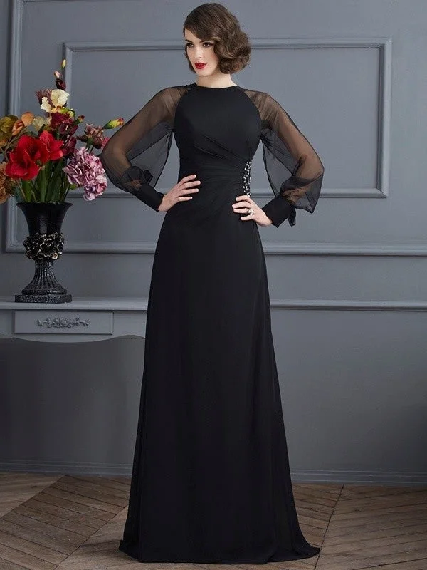 sequined evening dress-Sheath/Column Scoop Long Sleeves Beading Long Chiffon Dresses