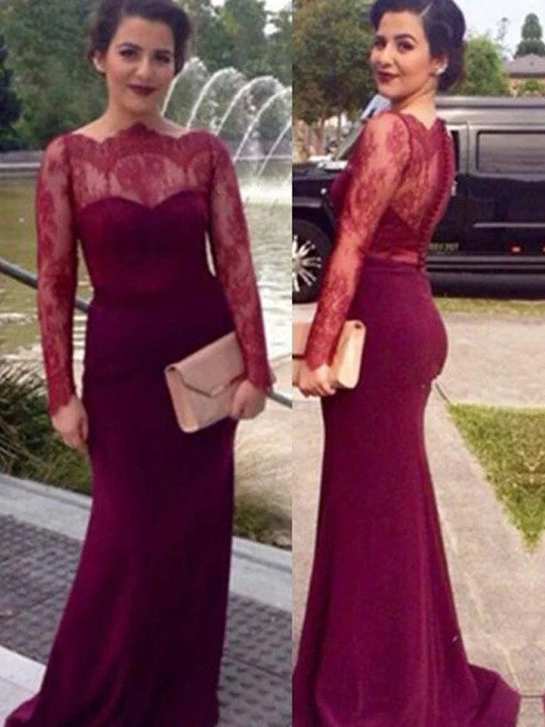 evening dress for bridesmaids-Sheath/Column Scoop Long Sleeves Lace Floor-Length Chiffon Dresses