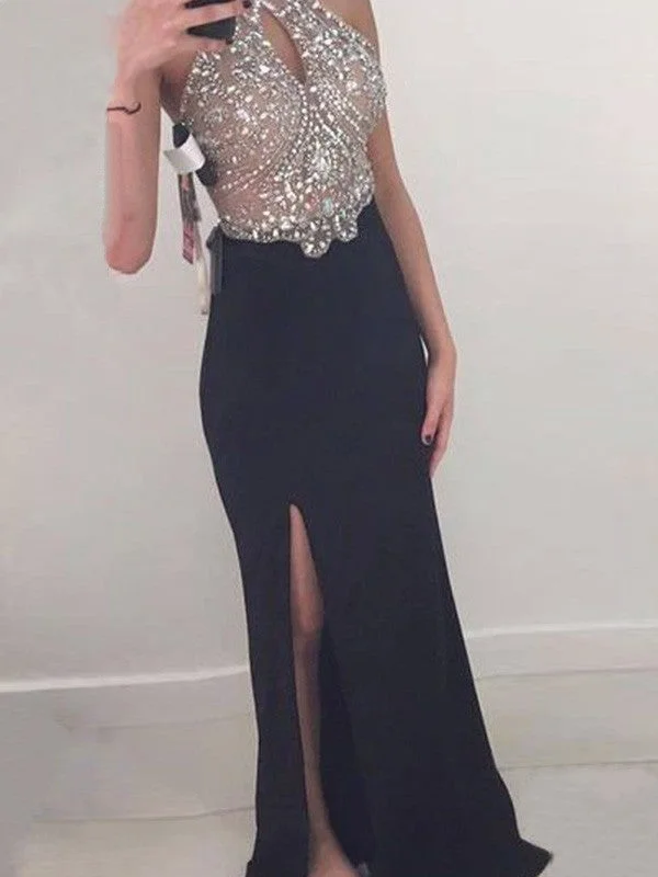 elegant mermaid evening dress-Sheath/Column Sleeveless Halter Beading Floor-Length Jersey Dresses