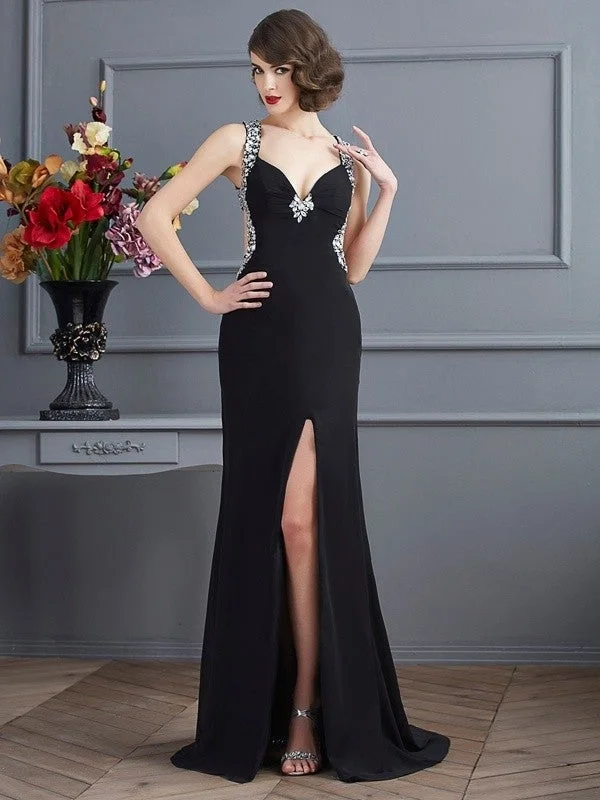 evening dress with pockets-Sheath/Column Straps Sleeveless Beading Long Chiffon Dresses