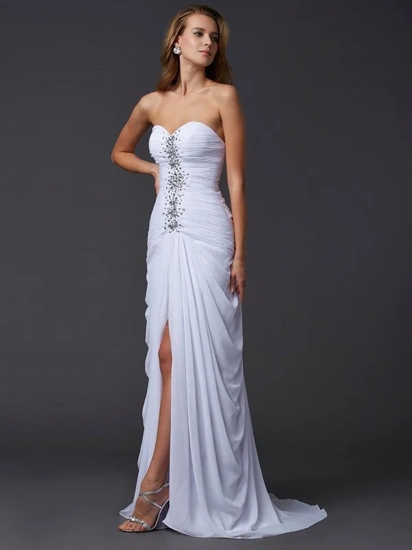 evening dress with illusion neckline-Sheath/Column Sweetheart Sleeveless Long Beading Chiffon Dresses