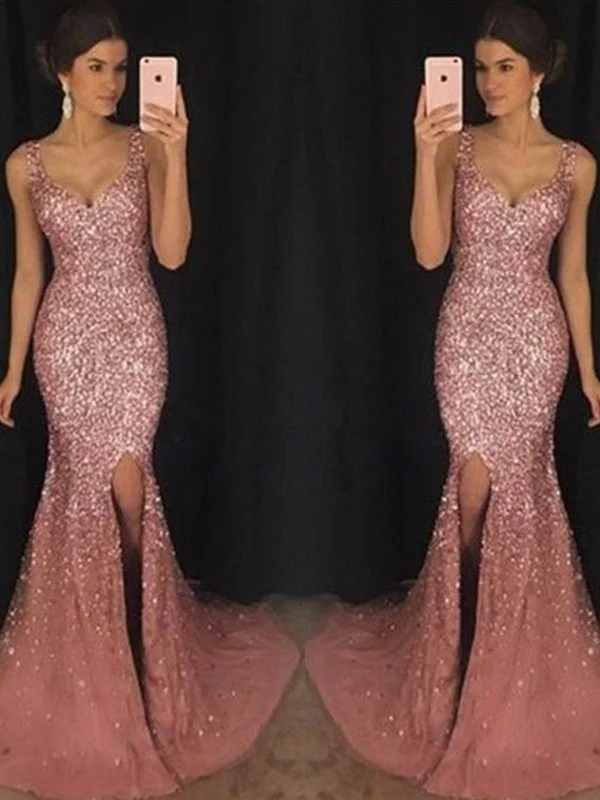 sparkling evening dress-Sheath/Column Sweetheart Sleeveless Sweep/Brush Train Sequin Tulle Dresses