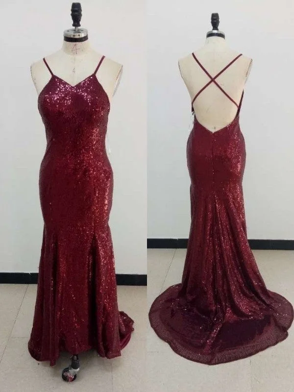 elegant long evening dress-Sheath/Column V-neck Sleeveless Sweep/Brush Train Ruffles Sequins Dresses