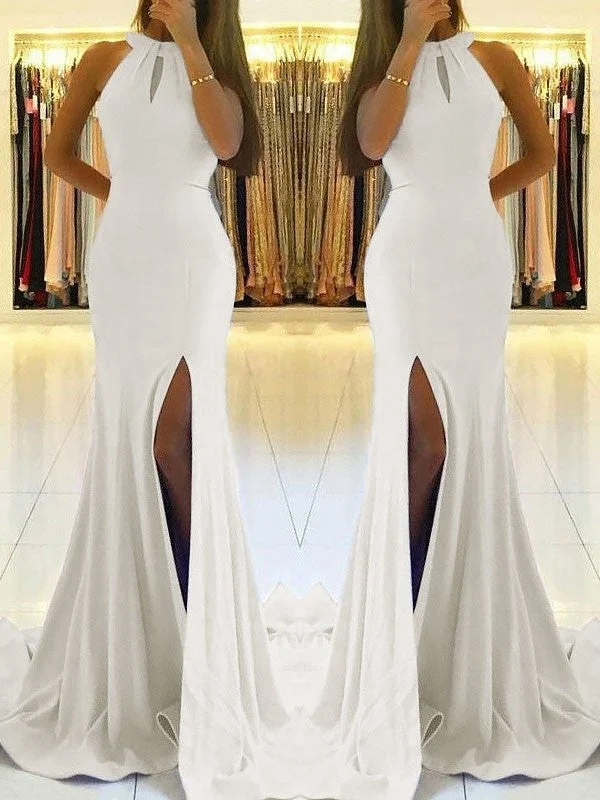 high neck evening dress-Sheath Halter Sleeveless Sweep/Brush Train With Ruffles Stretch Crepe Dresses